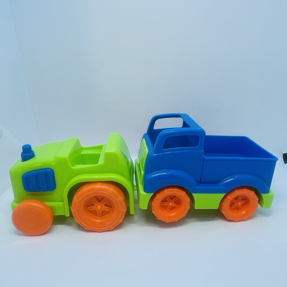 Push and Go Tractor & Pick-Up Truck Blue Green Orange Wheels Tractor Has Hitch